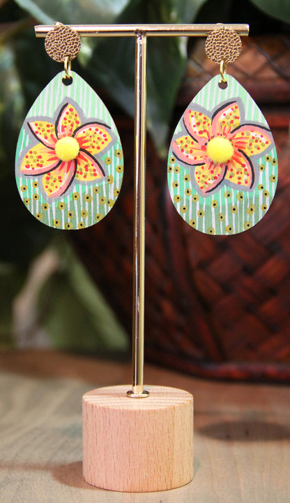 Green Floral Patterned with Pom-pom Teardrop Earrings