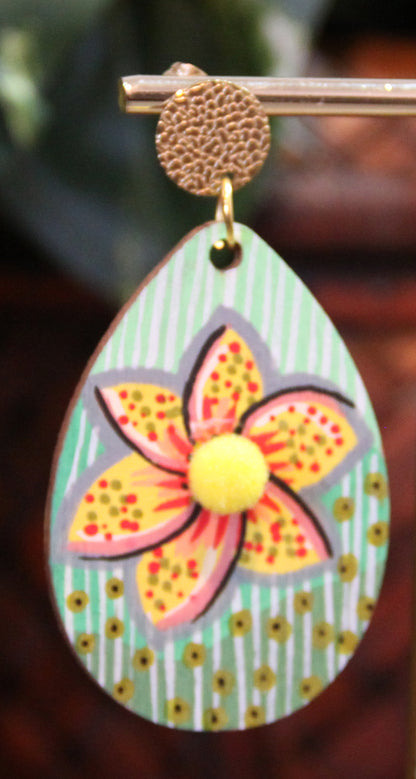 Green Floral Patterned with Pom-pom Teardrop Earrings