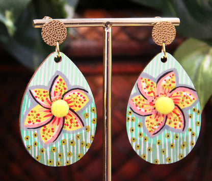 Green Floral Patterned with Pom-pom Teardrop Earrings