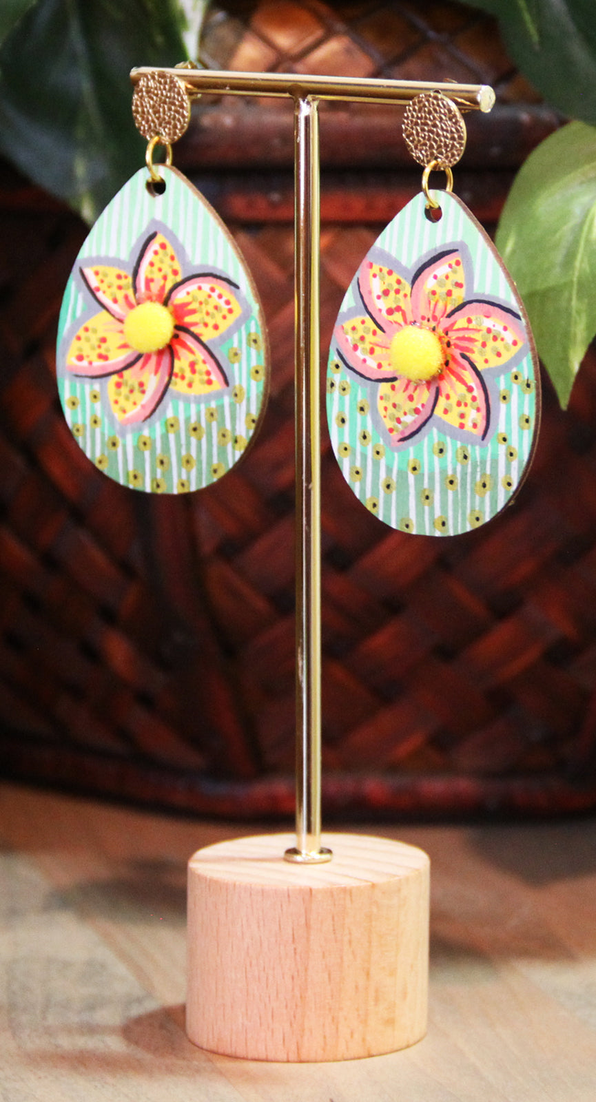 Green Floral Patterned with Pom-pom Teardrop Earrings