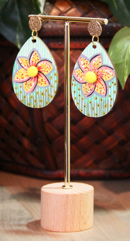 Green Floral Patterned with Pom-pom Teardrop Earrings