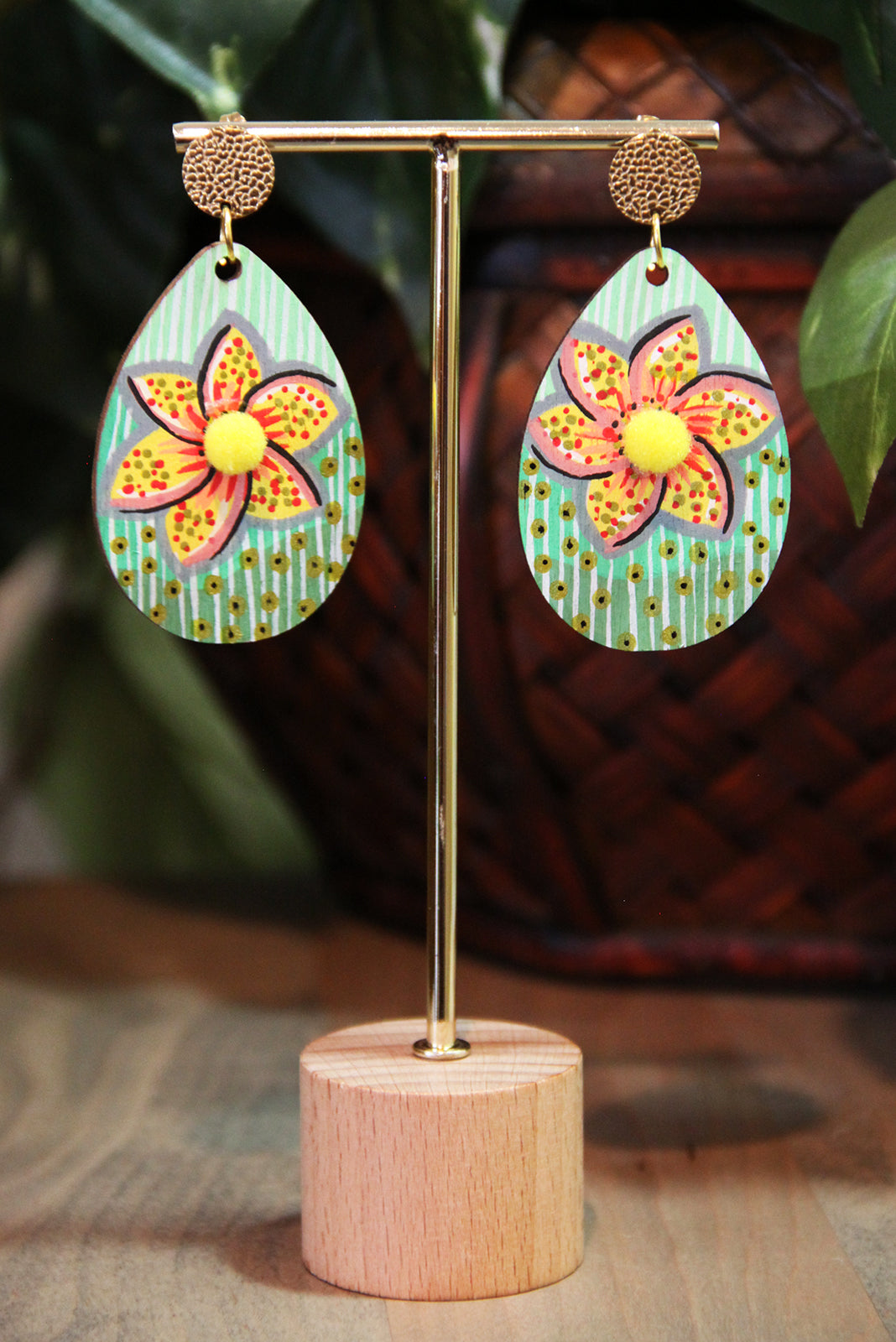 Green Floral Patterned with Pom-pom Teardrop Earrings