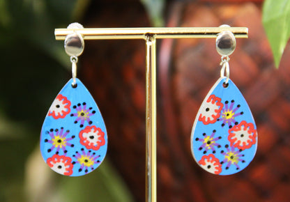 Blue with Flowers Small Teardrop Earrings