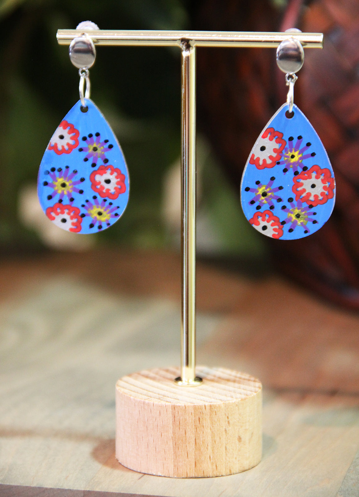 Blue with Flowers Small Teardrop Earrings