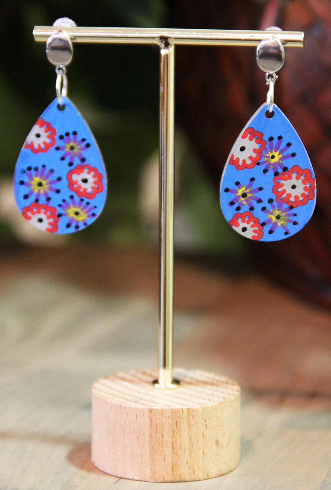 Blue with Flowers Small Teardrop Earrings