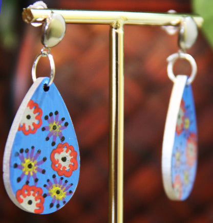 Blue with Flowers Small Teardrop Earrings