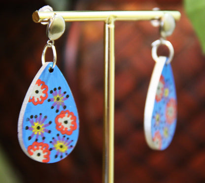 Blue with Flowers Small Teardrop Earrings