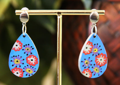 Blue with Flowers Small Teardrop Earrings