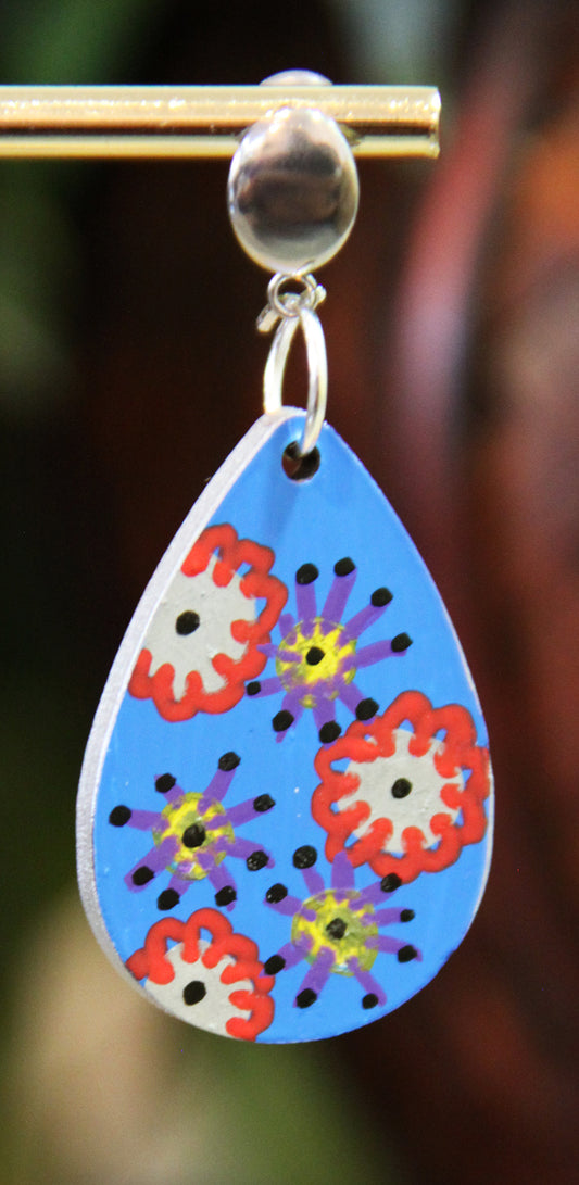 Blue with Flowers Small Teardrop Earrings