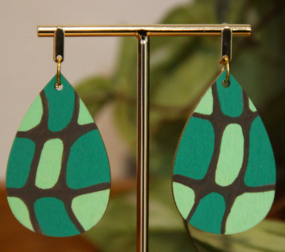 Organic Mosaic Teal Green Wood Teardrop Earrings