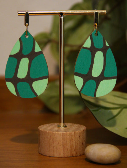 Organic Mosaic Teal Green Wood Teardrop Earrings