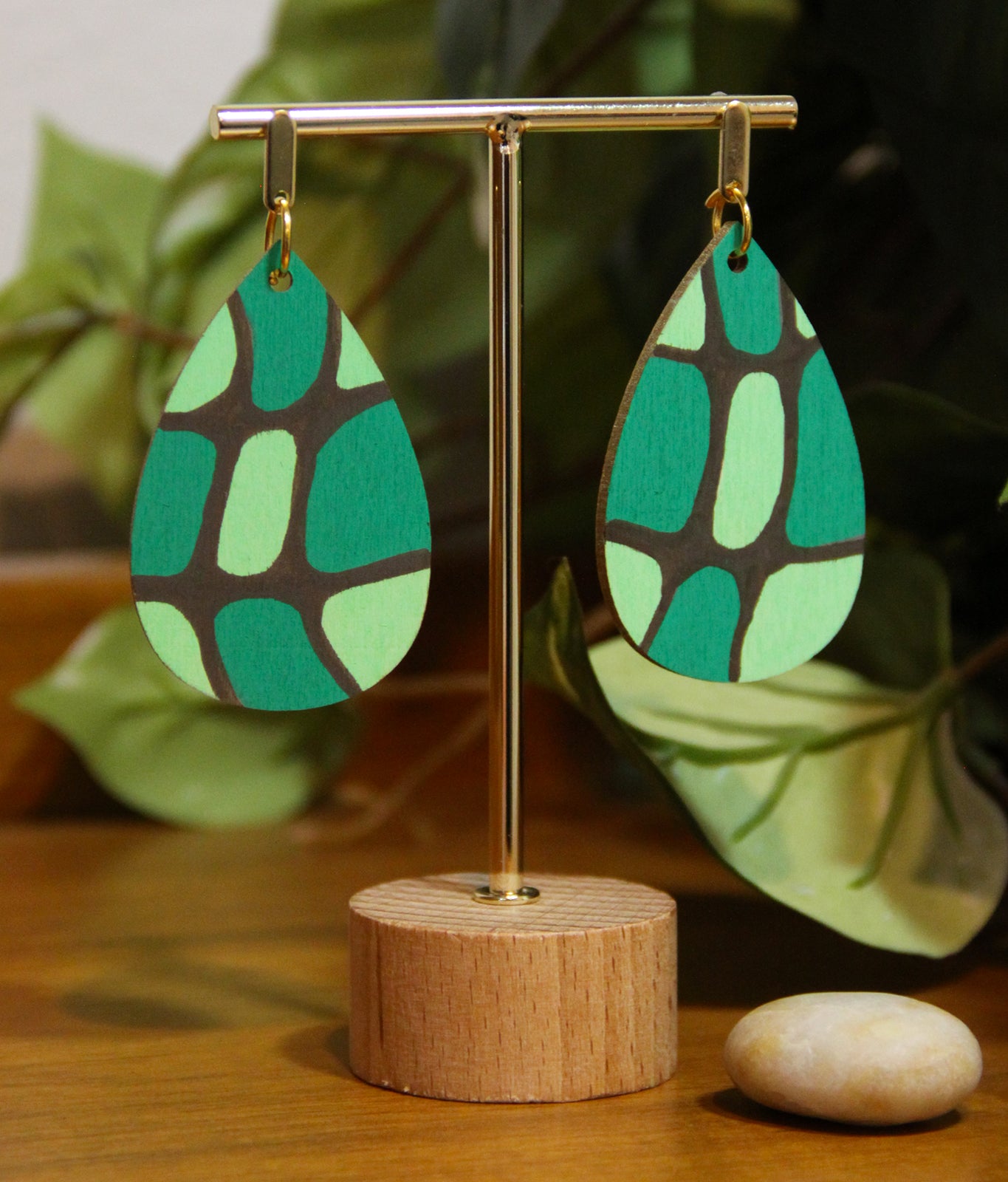 Organic Mosaic Teal Green Wood Teardrop Earrings