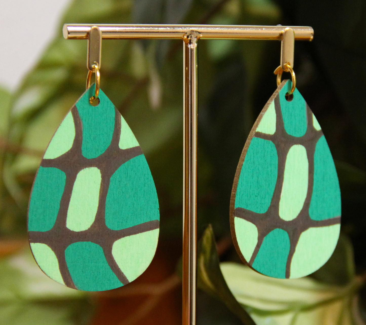 Organic Mosaic Teal Green Wood Teardrop Earrings