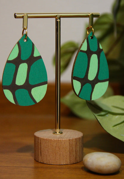 Organic Mosaic Teal Green Wood Teardrop Earrings