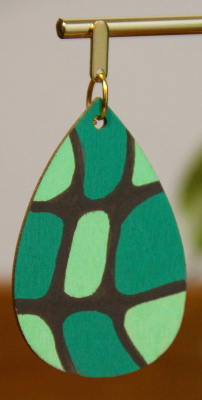 Organic Mosaic Teal Green Wood Teardrop Earrings
