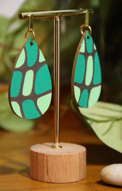 Organic Mosaic Teal Green Wood Teardrop Earrings