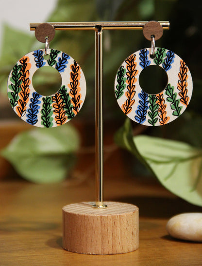 Floral Green, Orange and Blue Circular Earrings