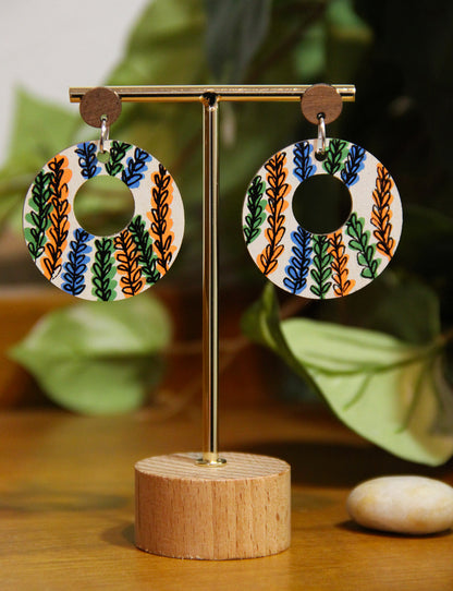 Floral Green, Orange and Blue Circular Earrings
