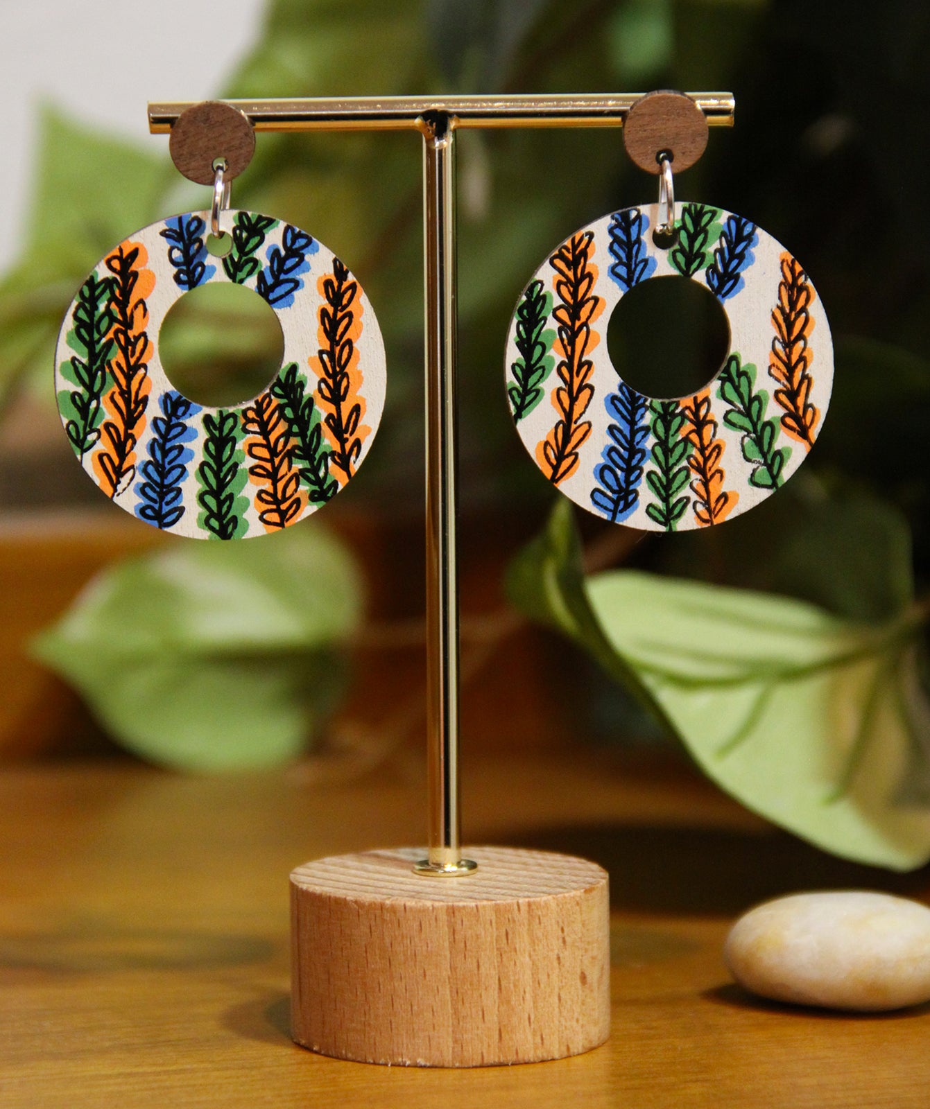 Floral Green, Orange and Blue Circular Earrings