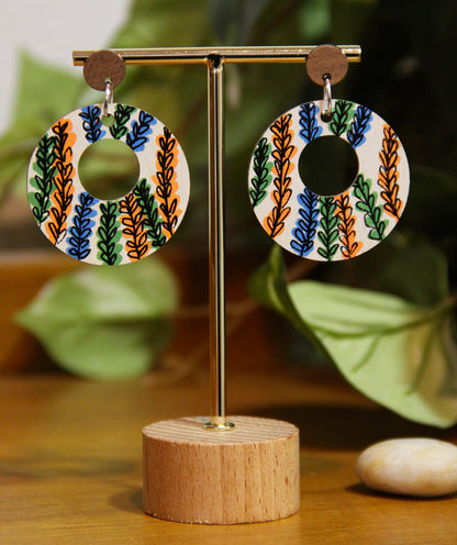 Floral Green, Orange and Blue Circular Earrings