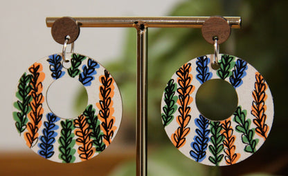 Floral Green, Orange and Blue Circular Earrings