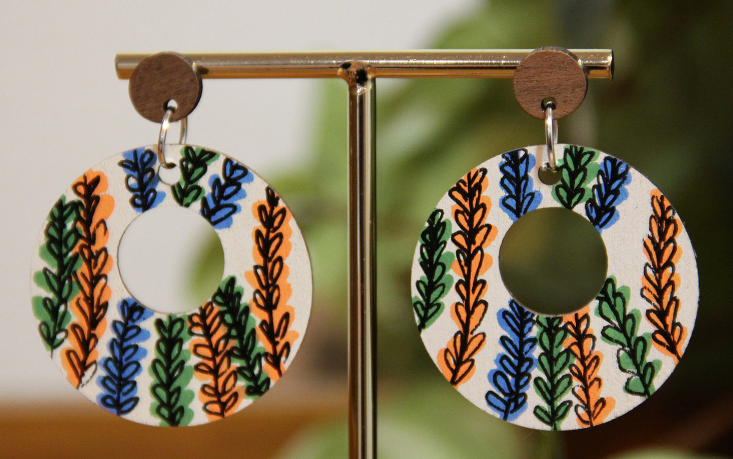 Floral Green, Orange and Blue Circular Earrings