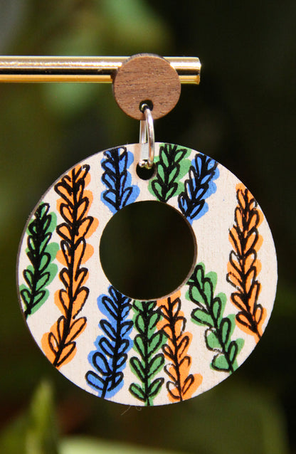 Floral Green, Orange and Blue Circular Earrings