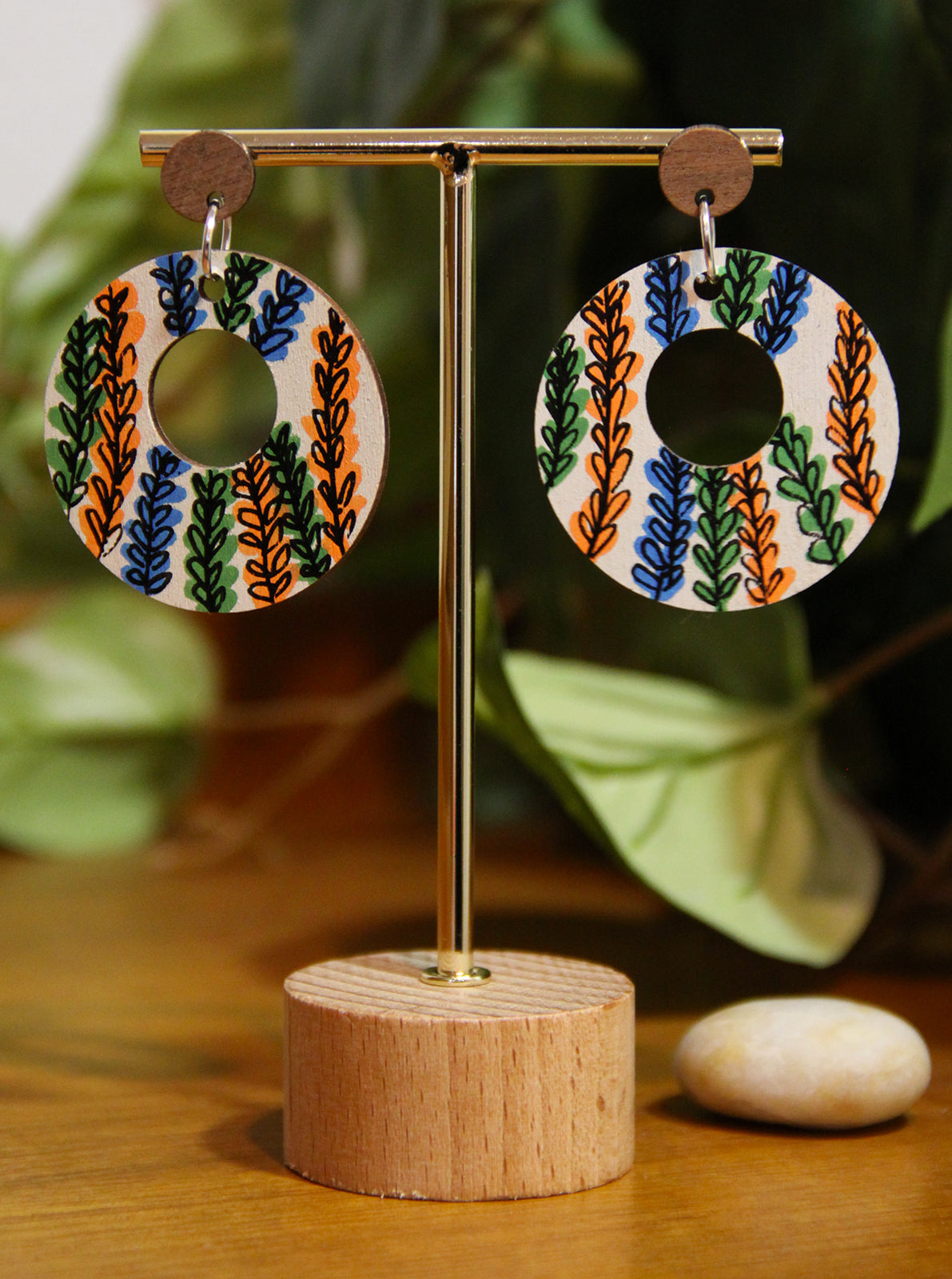 Floral Green, Orange and Blue Circular Earrings