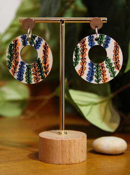 Floral Green, Orange and Blue Circular Earrings