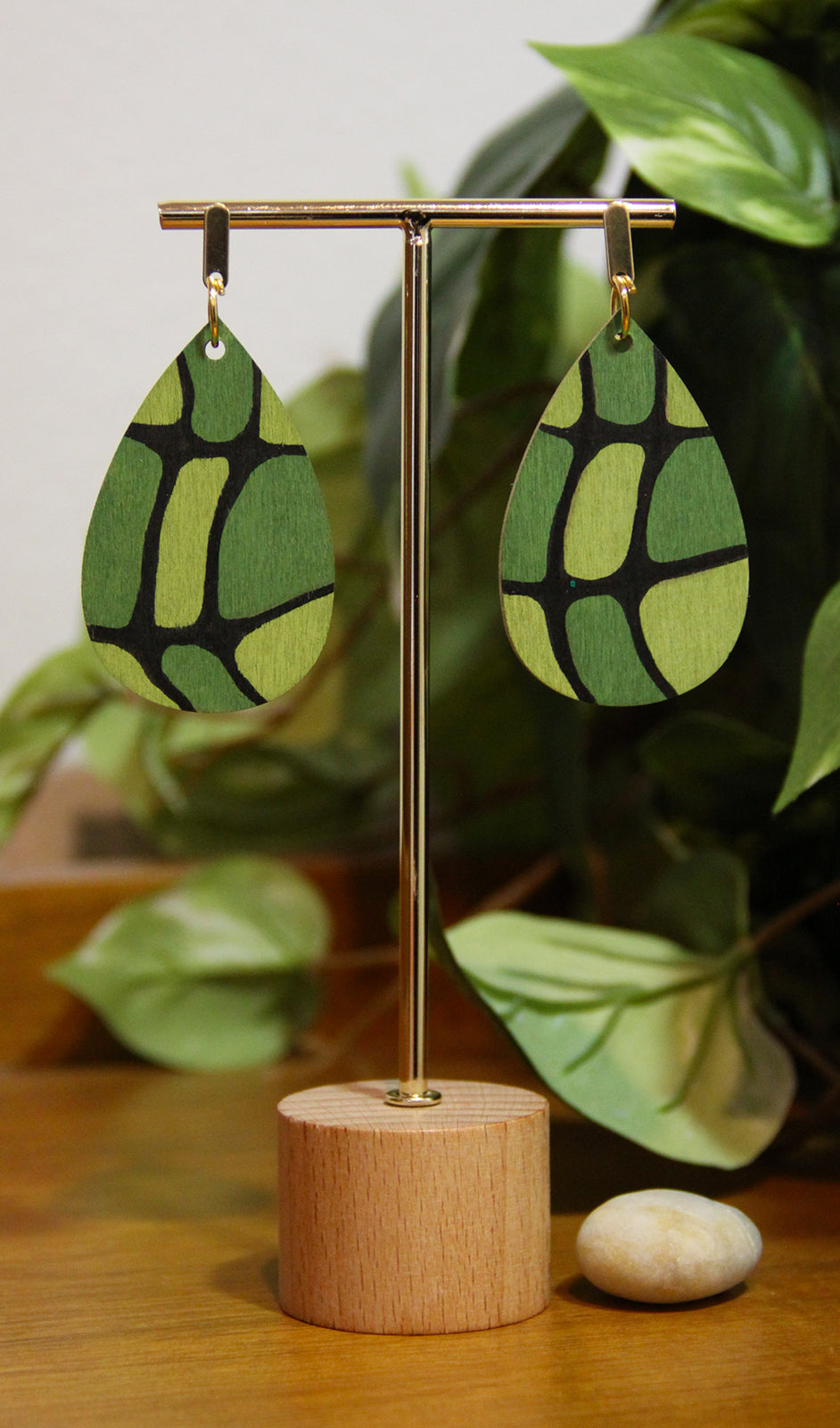 Organic Mosaic Forest Green Wood Teardrop Earrings