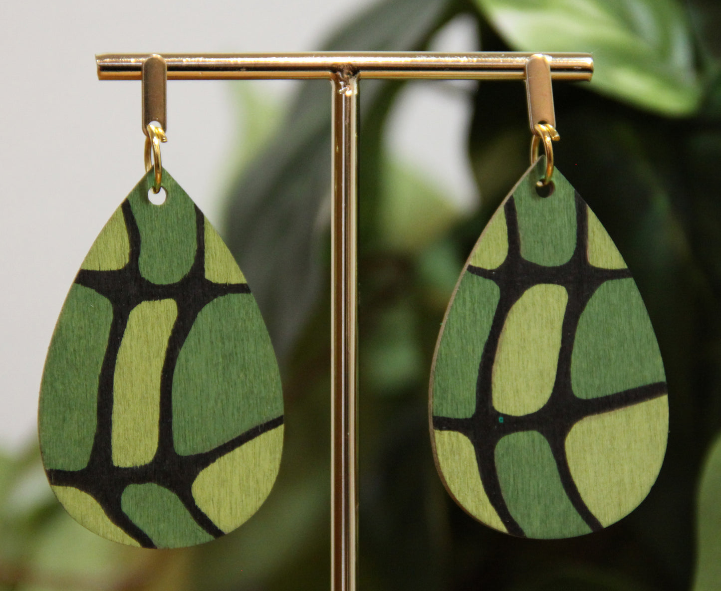 Organic Mosaic Forest Green Wood Teardrop Earrings