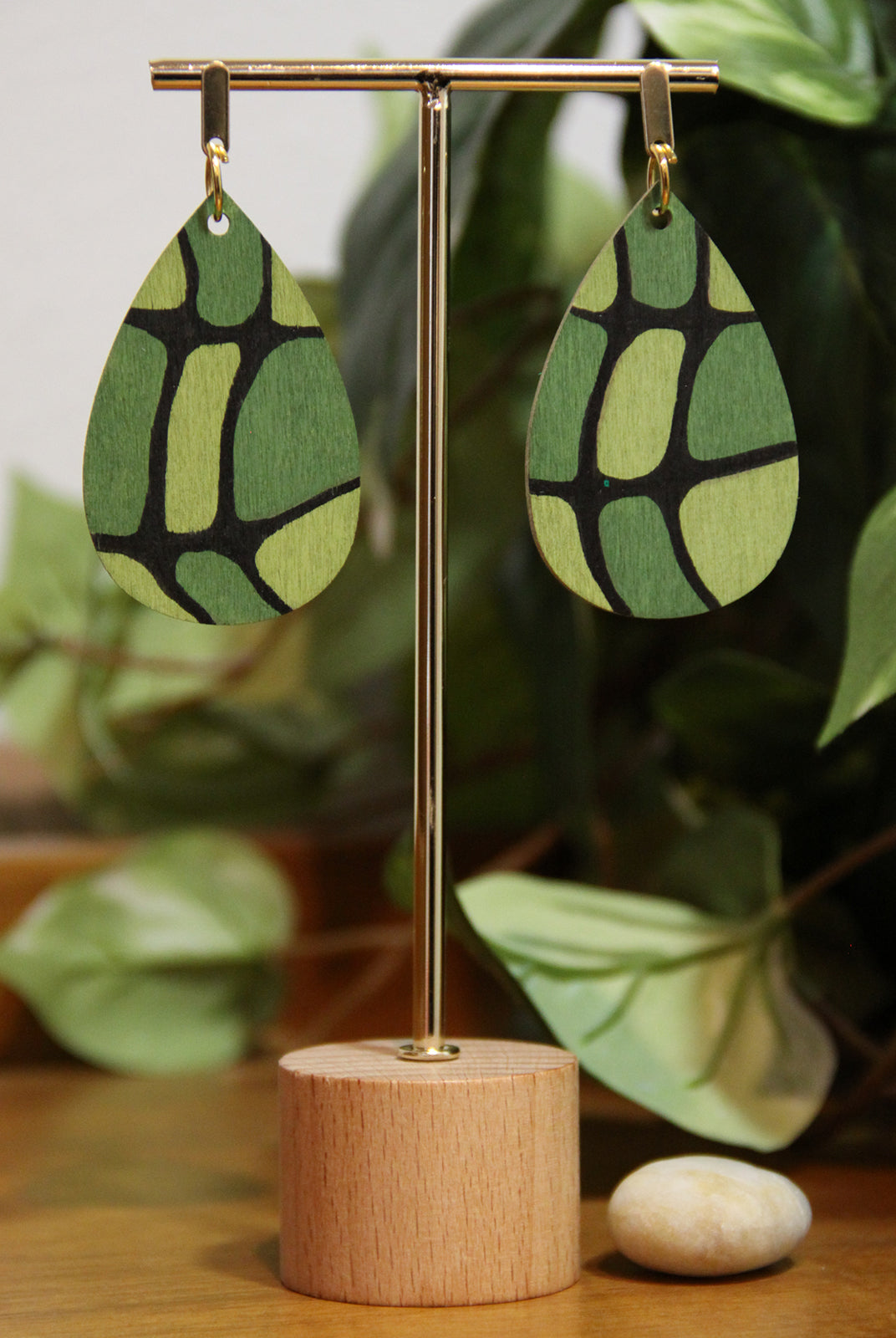 Organic Mosaic Forest Green Wood Teardrop Earrings