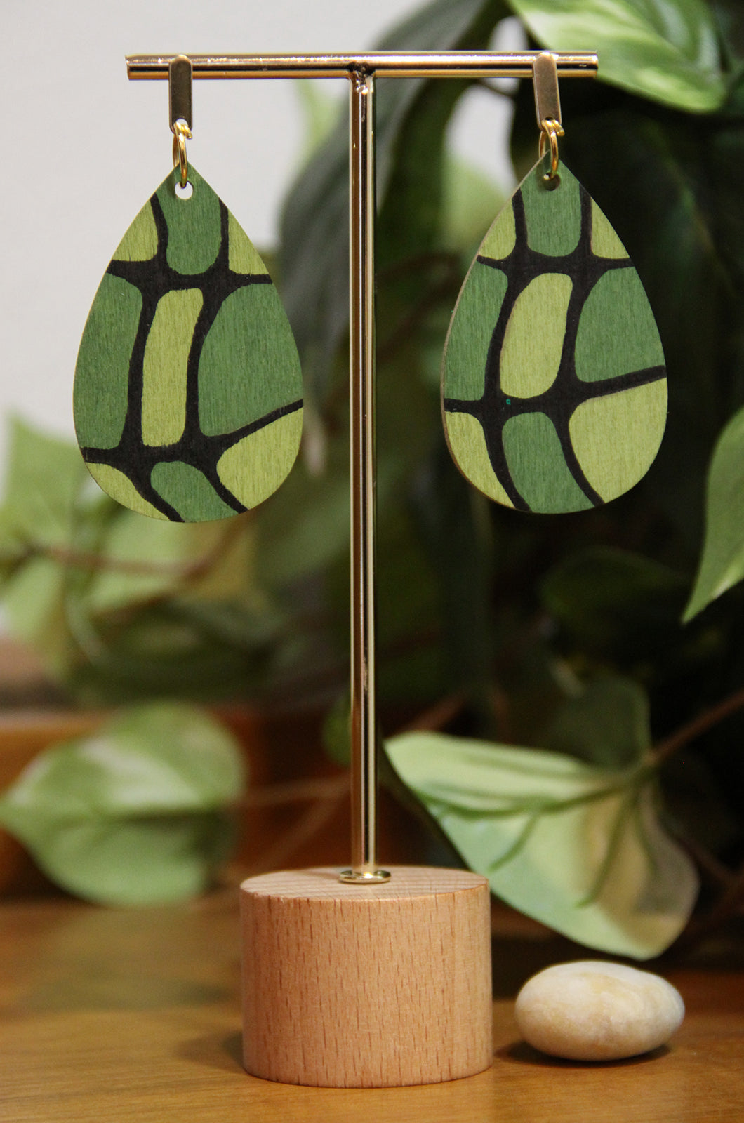 Organic Mosaic Forest Green Wood Teardrop Earrings