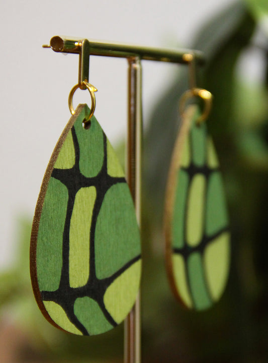 Organic Mosaic Forest Green Wood Teardrop Earrings