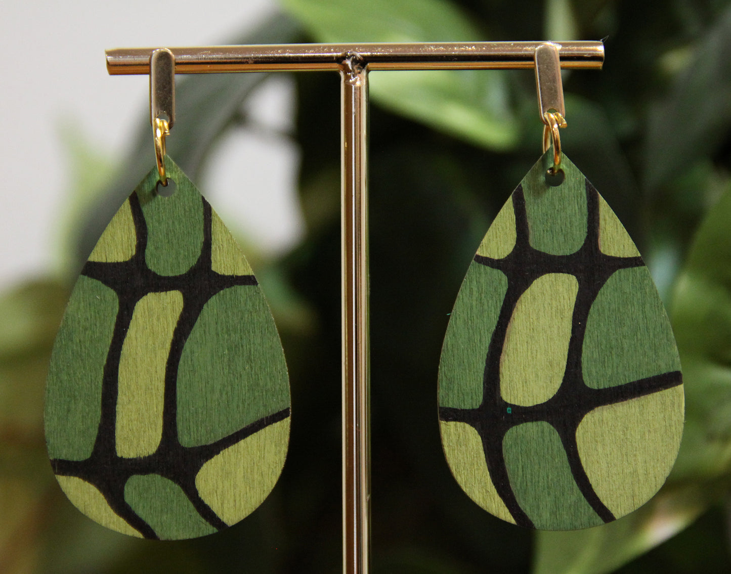 Organic Mosaic Forest Green Wood Teardrop Earrings