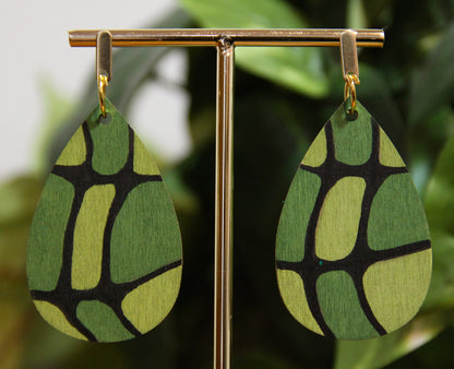 Organic Mosaic Forest Green Wood Teardrop Earrings