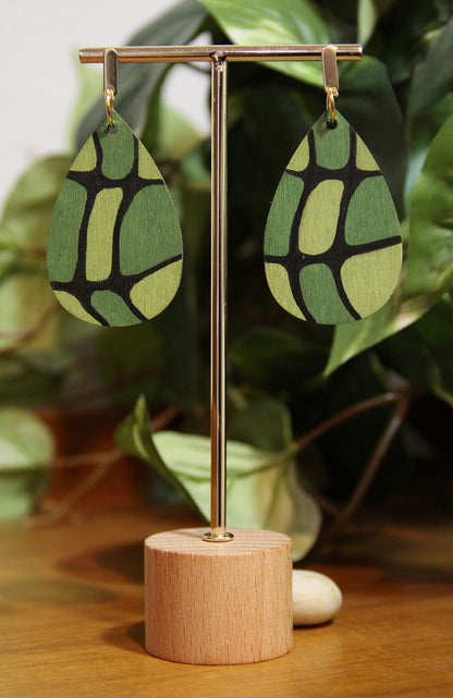 Organic Mosaic Forest Green Wood Teardrop Earrings