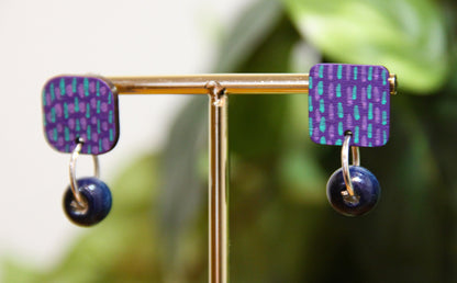 Purple and Blue Striped Wood Rectangular Earrings