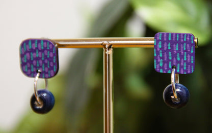 Purple and Blue Striped Wood Rectangular Earrings