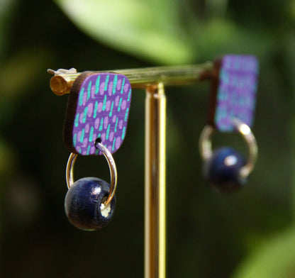 Purple and Blue Striped Wood Rectangular Earrings