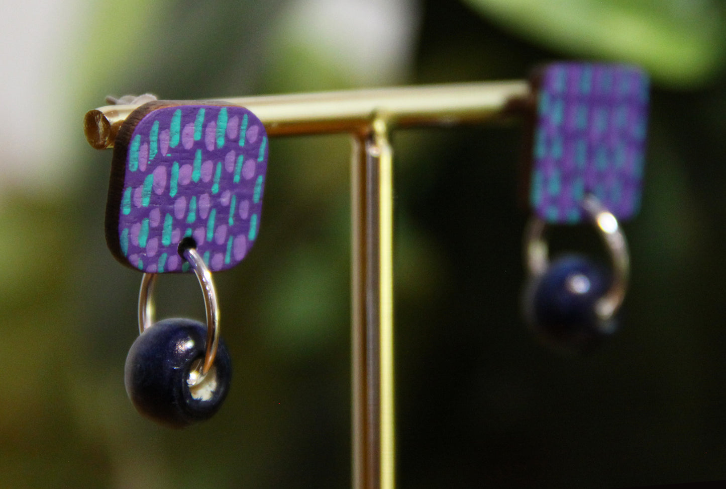 Purple and Blue Striped Wood Rectangular Earrings