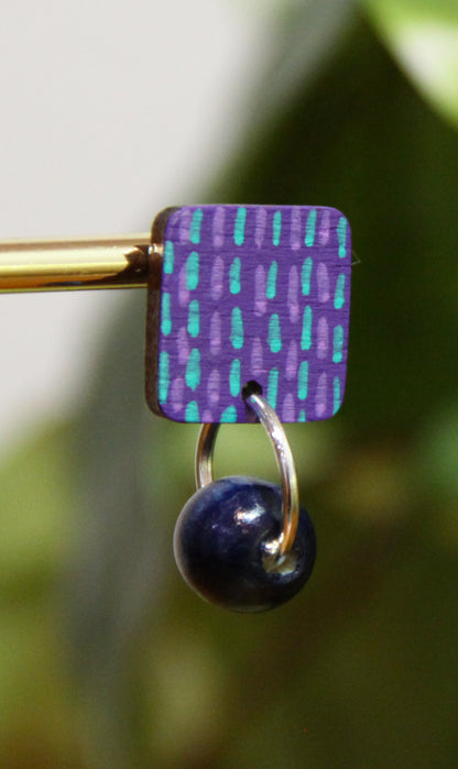 Purple and Blue Striped Wood Rectangular Earrings