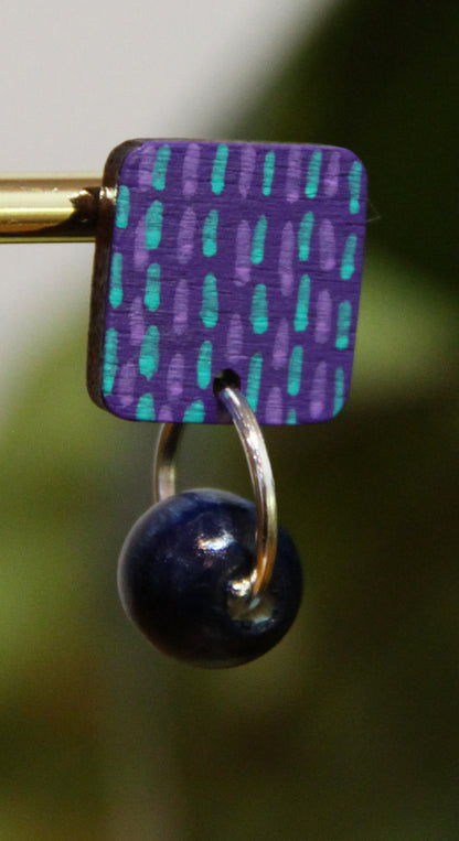Purple and Blue Striped Wood Rectangular Earrings