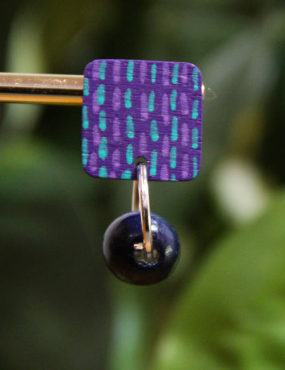 Purple and Blue Striped Wood Rectangular Earrings