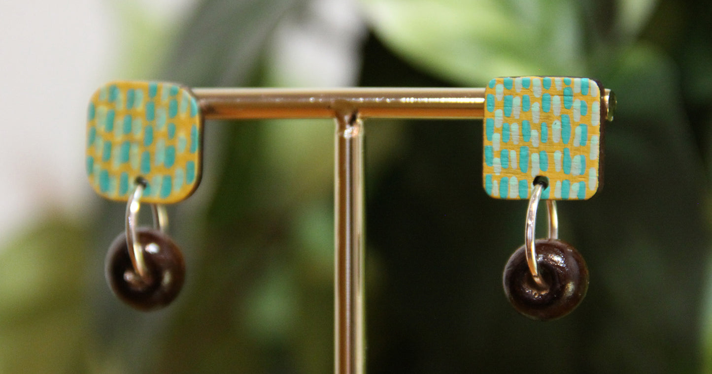 Yellow and Teal Striped Wood Rectangular Earrings