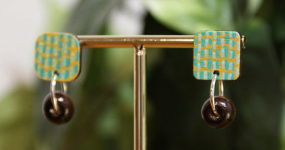 Yellow and Teal Striped Wood Rectangular Earrings