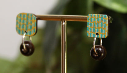 Yellow and Teal Striped Wood Rectangular Earrings