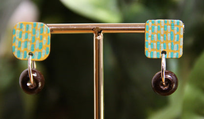 Yellow and Teal Striped Wood Rectangular Earrings