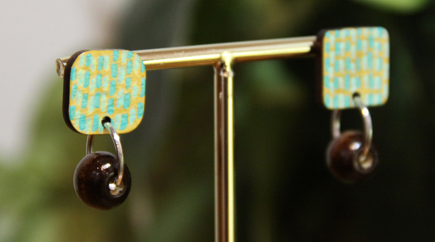 Yellow and Teal Striped Wood Rectangular Earrings