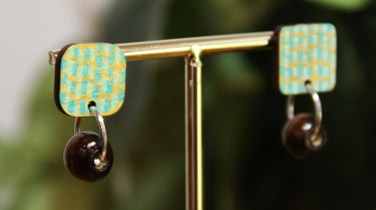 Yellow and Teal Striped Wood Rectangular Earrings